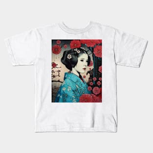 Vintage Rose Blossoms Japanese Woodblock Maple Streetwear Hipster Asian Inspired Retro Manga Samurai Angelonia Kids T-Shirt